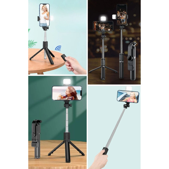 Sepet Bizde ® Kendiliğinden Işıklı Masaüstü Tripod Olabilen Telefon Tutuculu Kablosuz Kumandalı Selfie Çubuğu