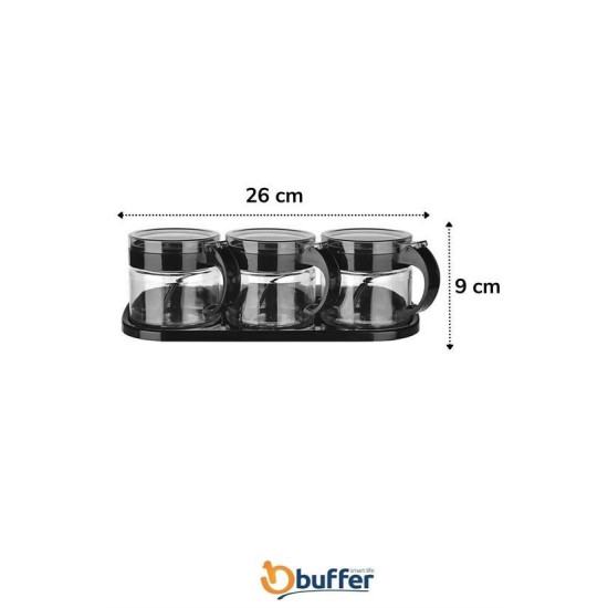 Sepet Bizde ®  Siyah 3lü Standlı Kapaklı Kaşıklı Cam Hava Sızdırmaz Baharatlık Takımı KC-386