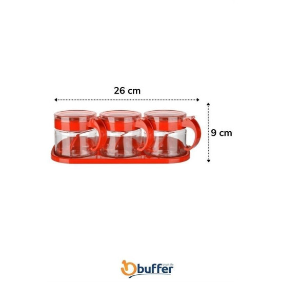 Sepet Bizde ®  Kırmızı 3lü Standlı Kapaklı Kaşıklı Cam Hava Sızdırmaz Baharatlık Takımı  KC-386