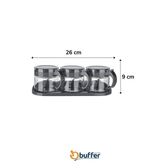 Sepet Bizde ®  Gri  3lü Standlı Kapaklı Kaşıklı Cam Hava Sızdırmaz Baharatlık Takımı KC-386