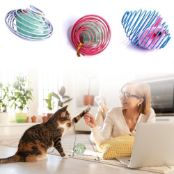 Sepet Bizde ® Yaylı Metal Fareli Kafes Kedi Oyun Topu Sıçrayan Spiral Kedi Topu