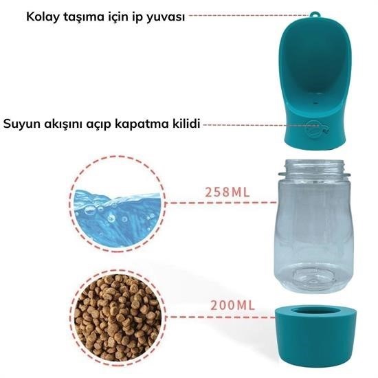 Sepet Bizde ® Taşınabilir Mama Hazneli Evcil Hayvan Suluğu Seyahat Kabı Kilitlenebilen Su Sızdırmaz 380ML