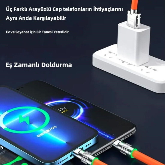 Sepet Bizde ® 3 in 1 Type-C + Micro Usb + Lightning Hızlı Şarj Kablosu Silikon Kablo 1 Metre Opp Ambalaj