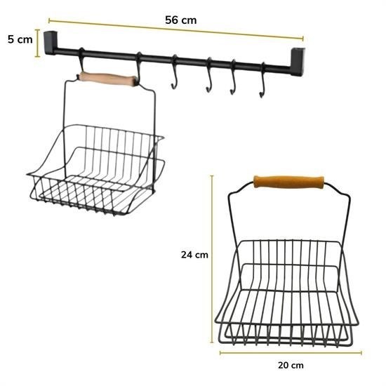 Sepet Bizde ® Retro Ferforje Askılı Siyah  Ahşap Kulplu Düzenleyici Mutfak Sepeti