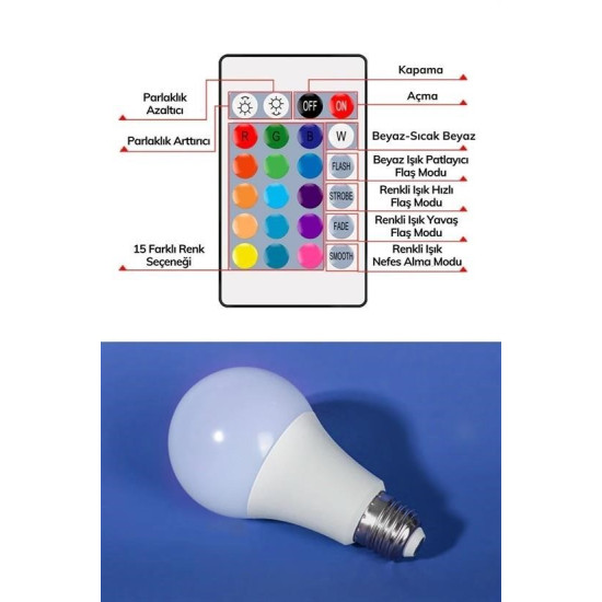 Sepet Bizde ® 9w Uzaktan Kumandalı 15 Farklı Renk Seçenekli Led Ampul