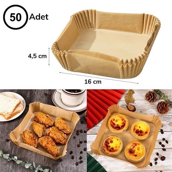 Sepet Bizde 50 Adet Air Fryer Pişirme Kağıdı Tek Kullanımlık Hava Fritöz Yağ Geçirmez Yapışmaz Kare Tabak Model