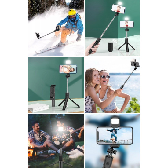 Sepet Bizde ® Kendiliğinden Işıklı Masaüstü Tripod Olabilen Telefon Tutuculu Kablosuz Kumandalı Selfie Çubuğu