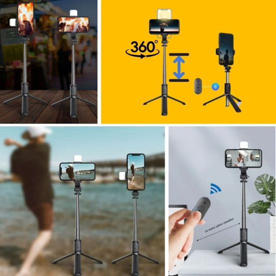 Sepet Bizde ® Kendiliğinden Işıklı Masaüstü Tripod Olabilen Telefon Tutuculu Kablosuz Kumandalı Selfie Çubuğu